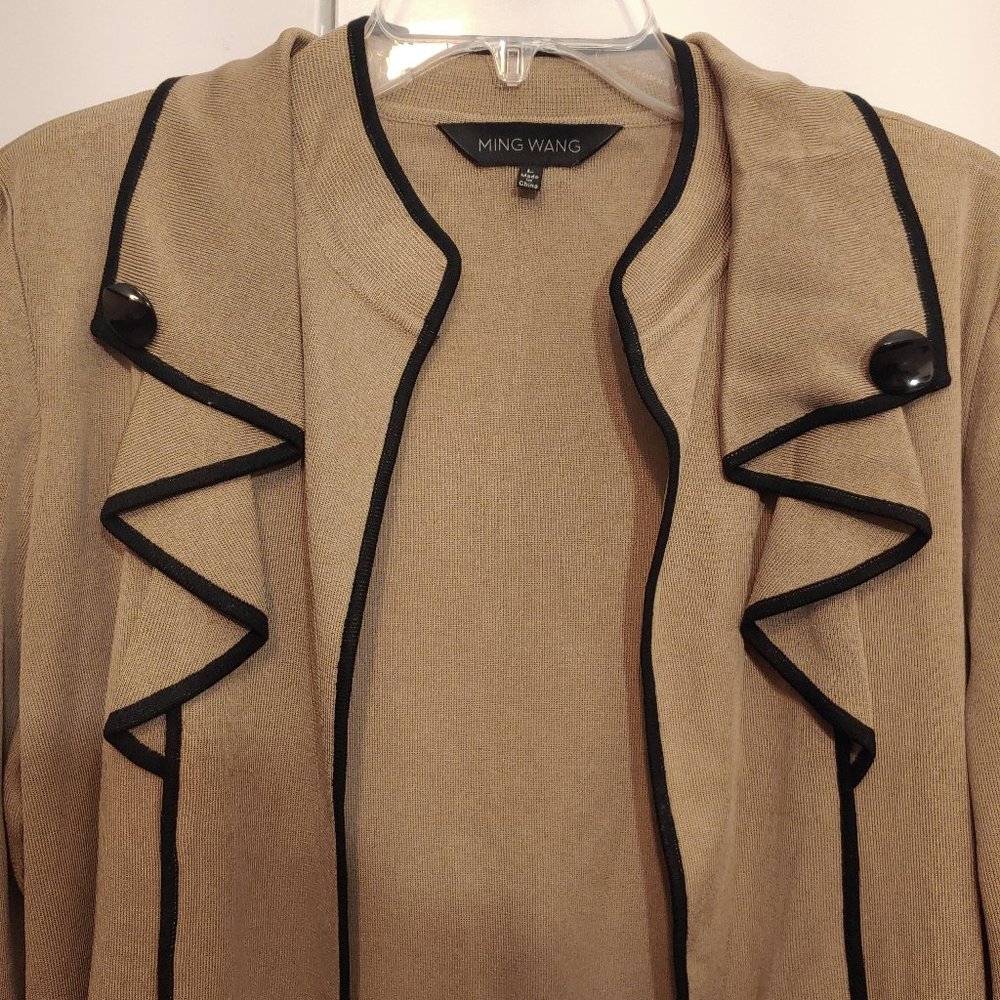 Ming Wang Tan Ruffle Collar Knit Cardigan Sweater - Picture 3 of 8